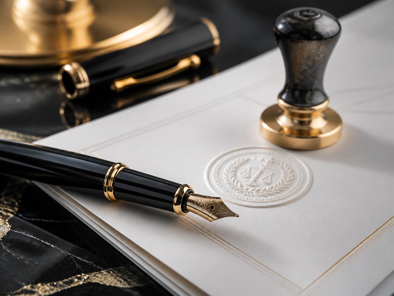 A black and gold fountain pen resting beside an embossed seal on crisp documents